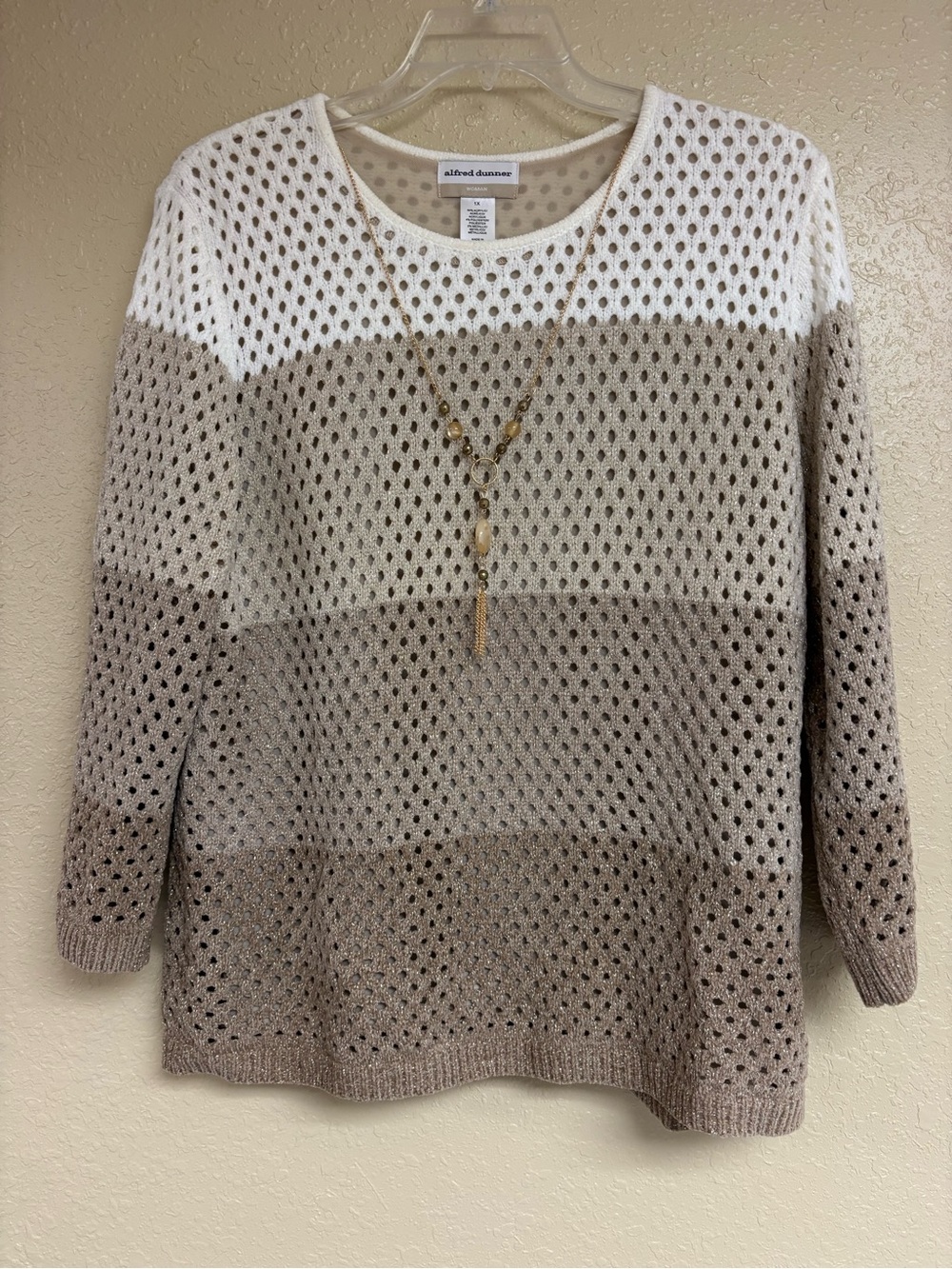 Alfred Dunner White and Taupe Open-Knit Ombre Crewneck Sweater
